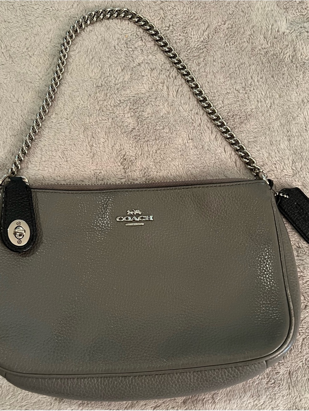 Coach Gray Pebbled Leather Shoulder Bag with Silver Chain